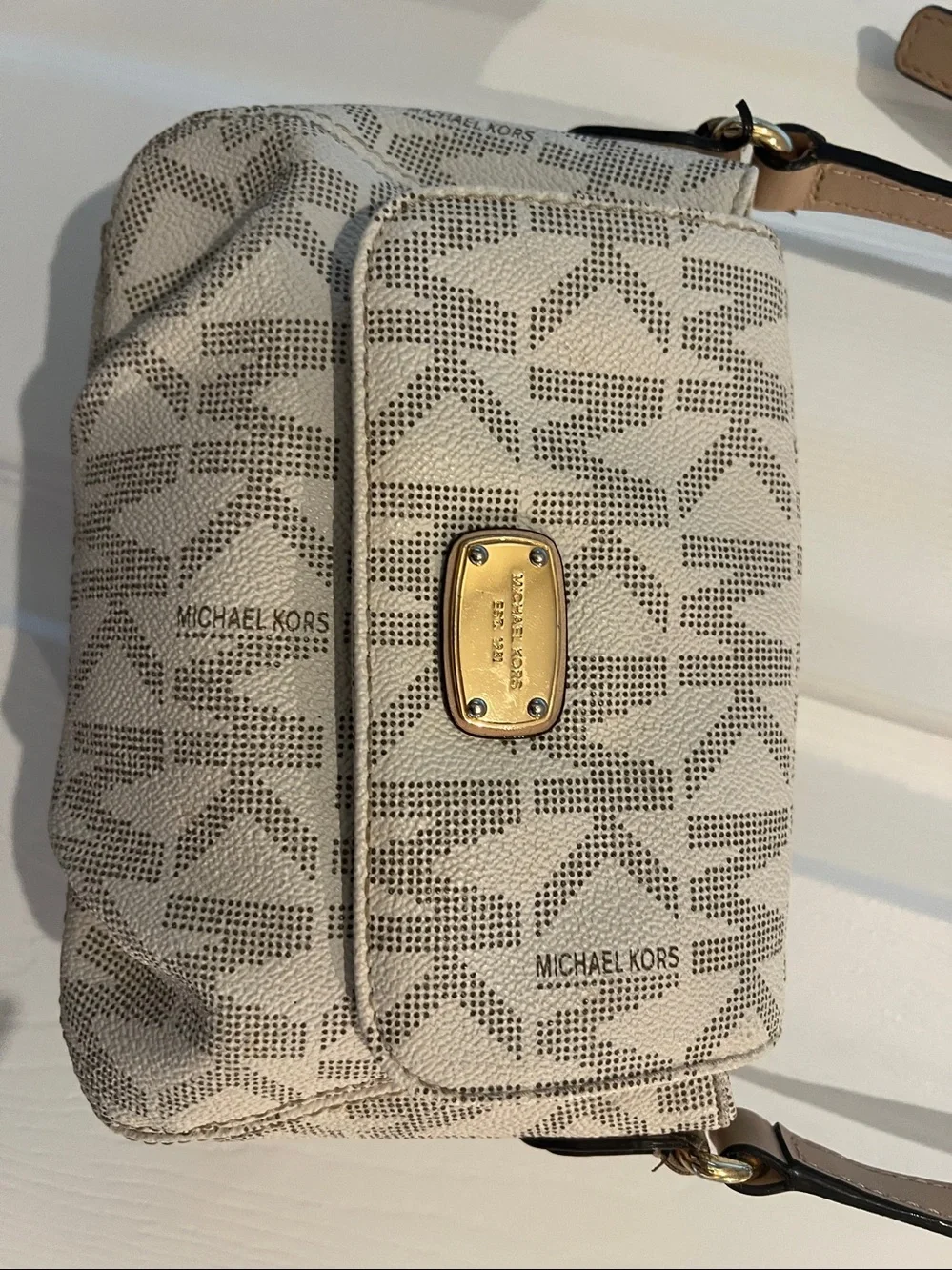 Michael Kors Cream/Tan MK Monogram Crossbody Bag